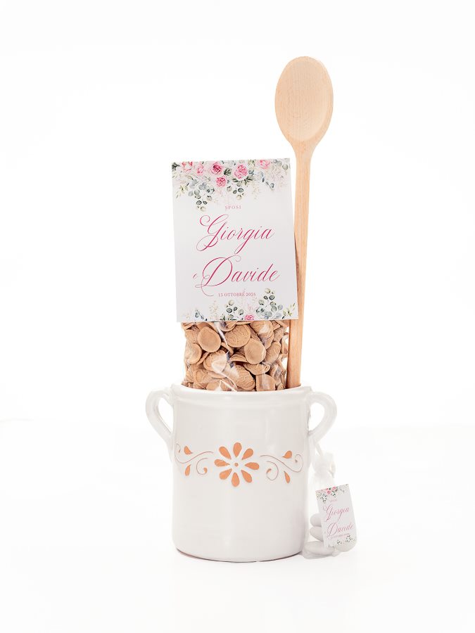 Bomboniera Anthi: vaso in terracotta bianco con pasta Brunitta e cucchiaio in legno