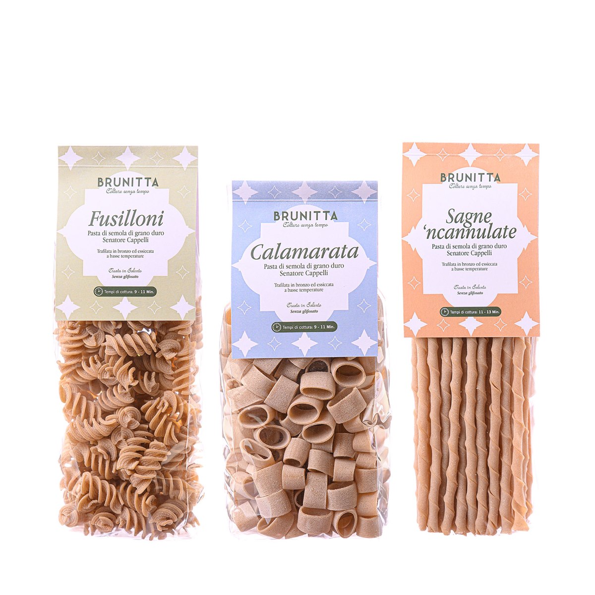 FUSILLONI CALAMARATA E SAGNE NCANNULATE CON COFANETTO REGALO — artisan Italian Senatore Cappelli wheat pasta and Brunitta extra virgin olive oil, Puglia, Italy