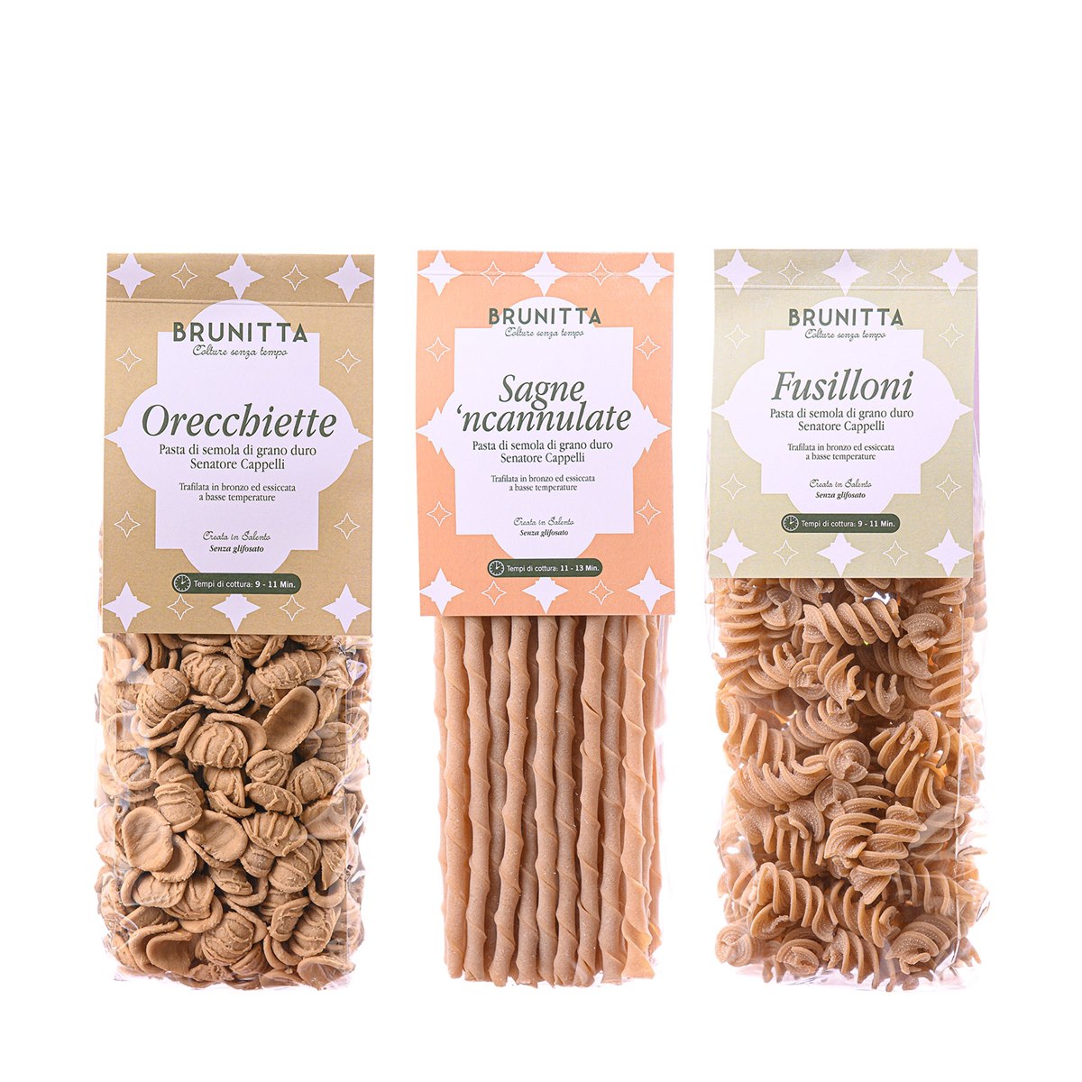 ORECCHIETTE FUSILLONI E SAGNE NCANNULATE CON COFANETTO REGALO — handwerkliche italienische Senatore-Cappelli-Pasta und natives Olivenöl extra von Brunitta, Apulien, Italien