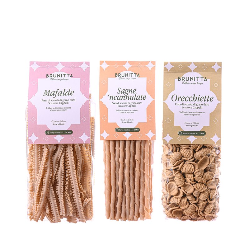 ORECCHIETTE MAFALDE E SAGNE NCANNULATE CON COFANETTO REGALO — pâtes artisanales italiennes au blé Senatore Cappelli et huile d'olive extra vierge Brunitta, Pouilles, Italie