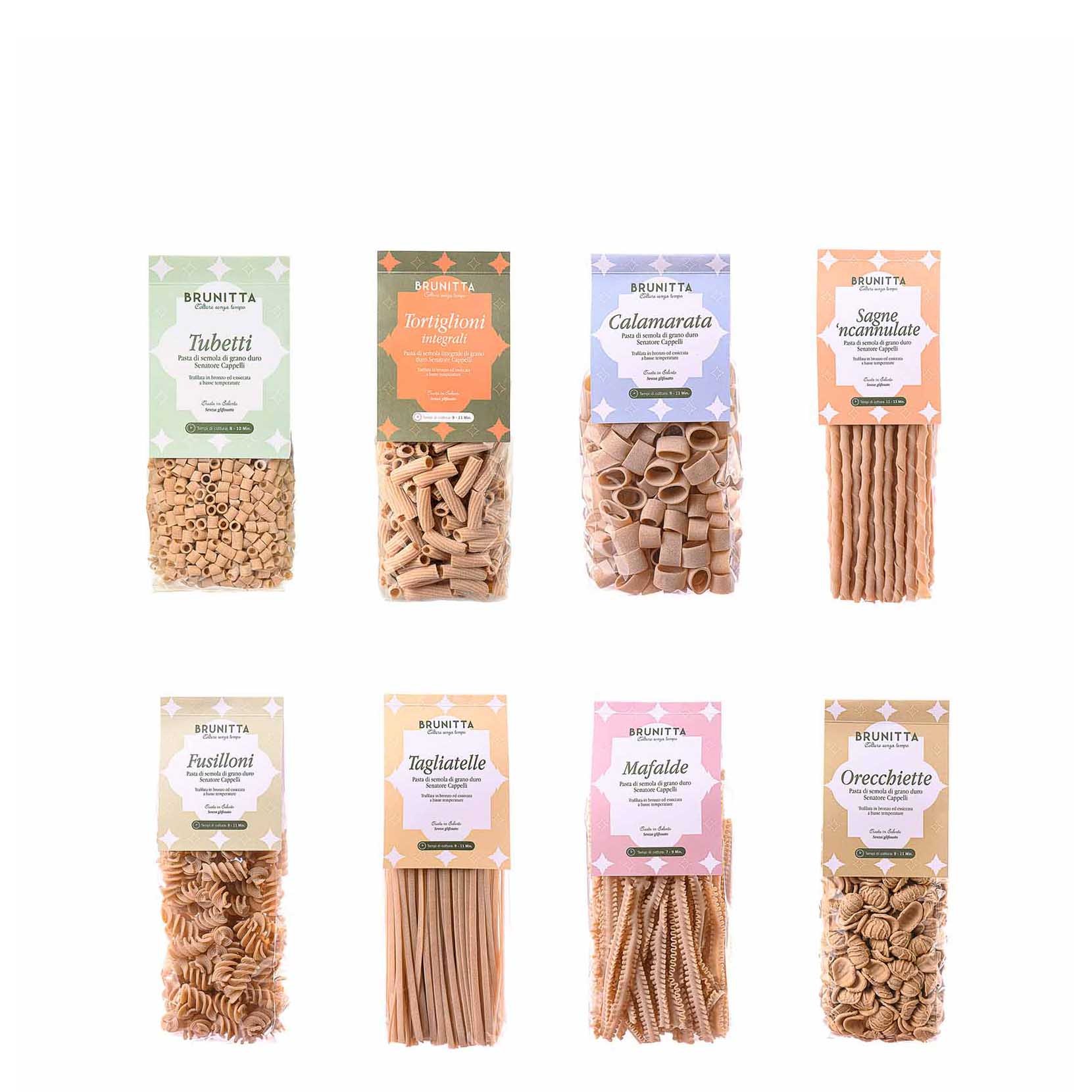 8 CONFEZIONI BENESSERE FORMATO FAMIGLIA — artisan Italian Senatore Cappelli wheat pasta and Brunitta extra virgin olive oil, Puglia, Italy