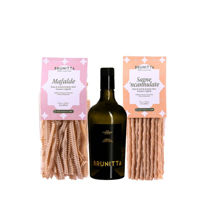 MAFALDE – SAGNE NCANNULATE – OLIO EVO 25/26 DA 750 ML CON COFANETTO REGALO — pâtes artisanales italiennes au blé Senatore Cappelli et huile d'olive extra vierge Brunitta, Pouilles, Italie