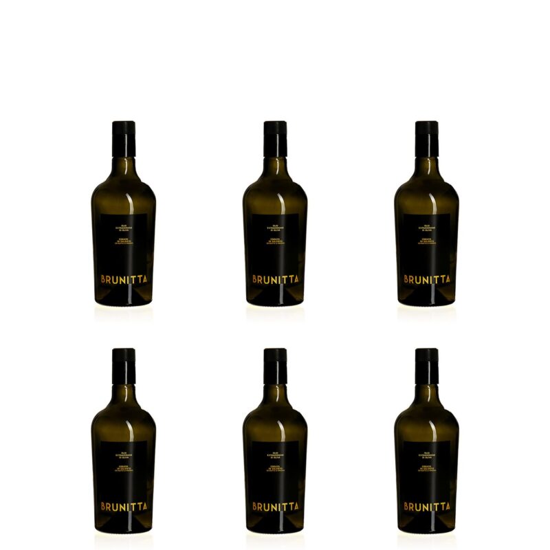 6 BOTTIGLIE DA 750 ML OLIO EXTRAVERGINE DI OLIVA ITALIANO 25/26 — pâtes artisanales italiennes au blé Senatore Cappelli et huile d'olive extra vierge Brunitta, Pouilles, Italie