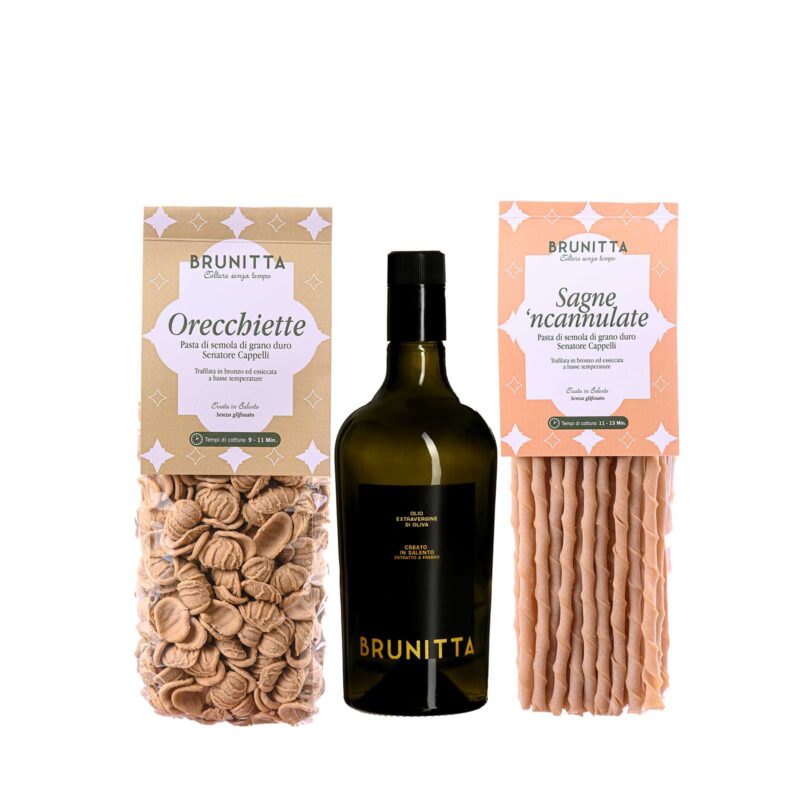 ORECCHIETTE – SAGNE NCANNULATE – OLIO EVO 25/26 DA 750 ML CON COFANETTO REGALO — pâtes artisanales italiennes au blé Senatore Cappelli et huile d'olive extra vierge Brunitta, Pouilles, Italie