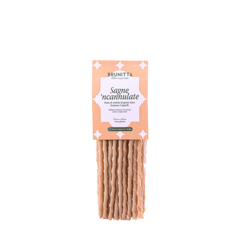 SAGNE NCANNULATE SENATORE CAPPELLI — pâtes artisanales italiennes au blé Senatore Cappelli et huile d'olive extra vierge Brunitta, Pouilles, Italie